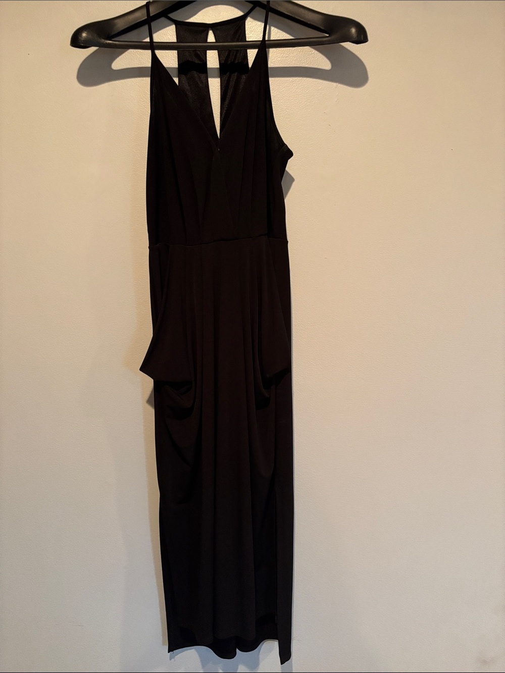 BCBGeneration Black Midi Dress with V-Neck and Draped Skirt